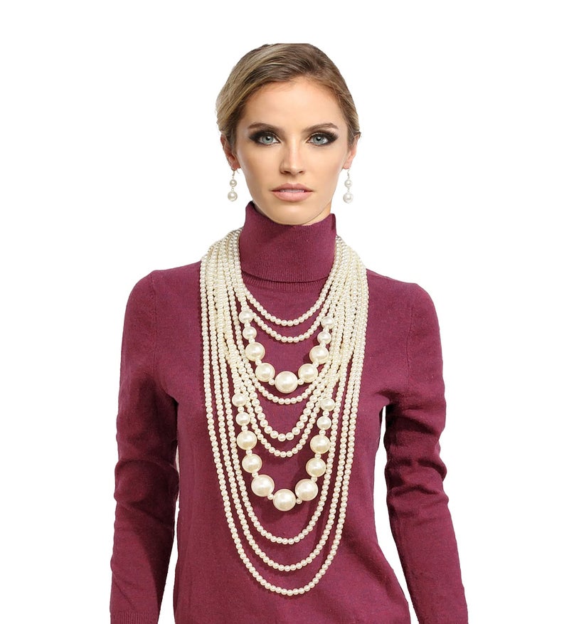 Fashion 21 Women's Chunky Multi-Strand Faux Pearl Statement Necklace and Earrings Set (Cream - Style B) - Image 3